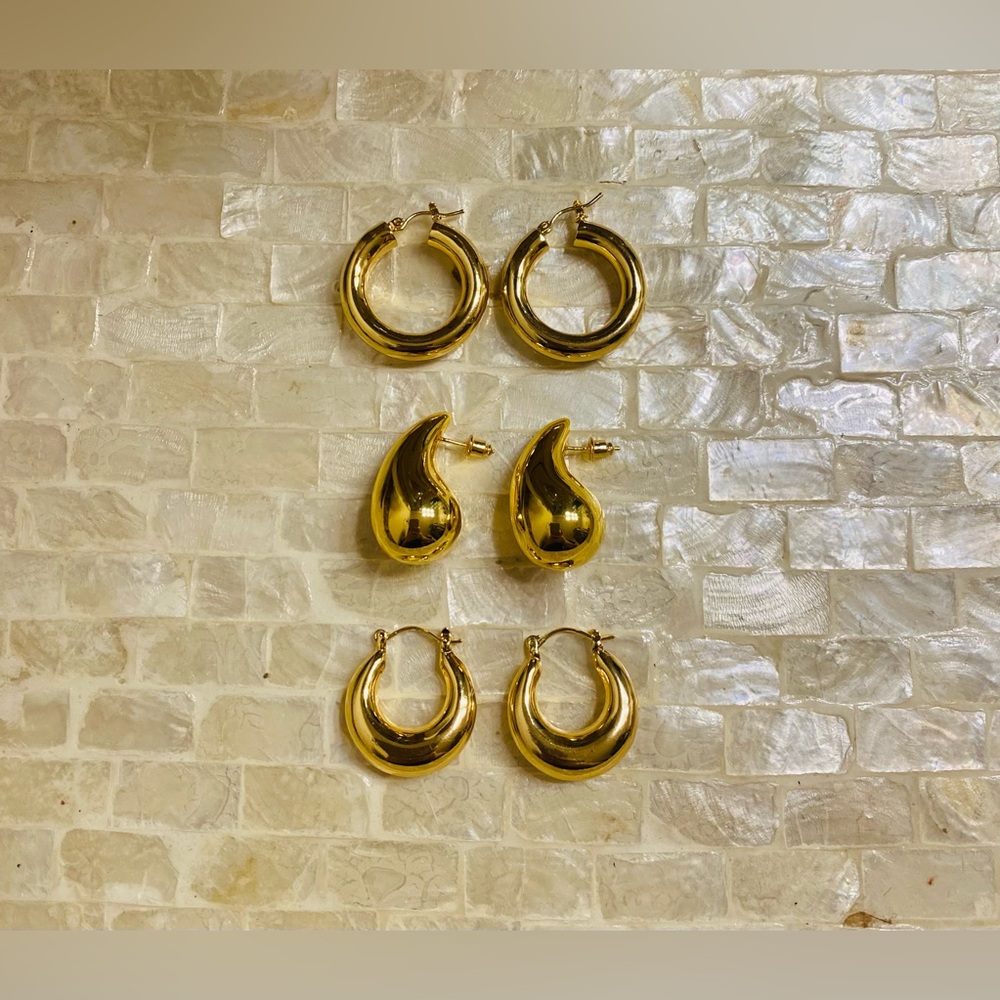 Chunky 14K Gold Plated Hypoallergenic Hoop Earrings & Teardrop Set (3 Pairs)